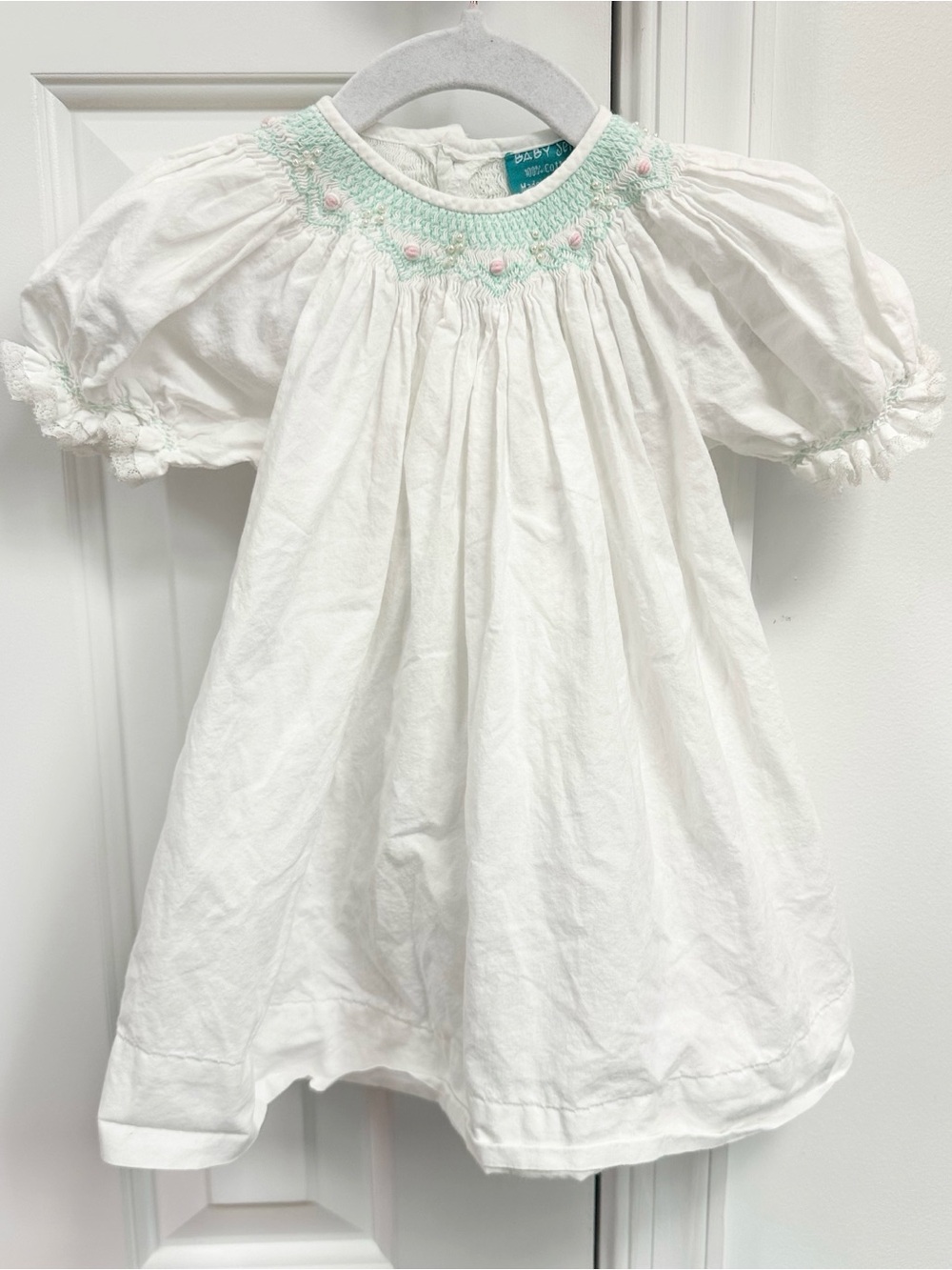 Baby Sen White Smocked Dress 24m with Beading EUC